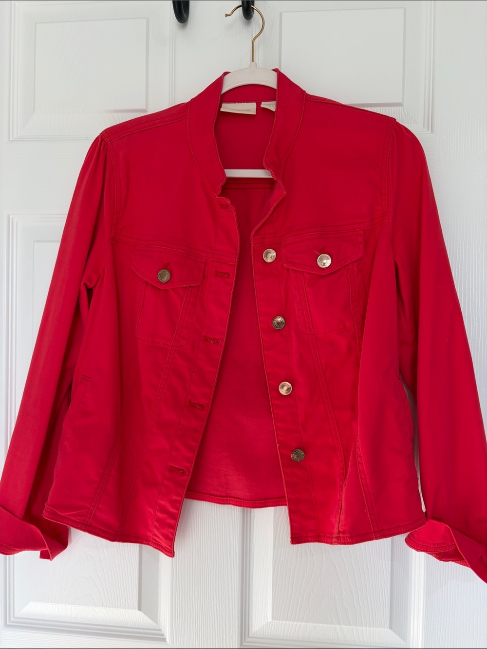 Chico's Red Button-Front Denim Jean Jacket Size Small / 0 Utility Jean Jacket